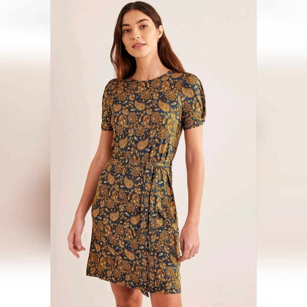 Boden Blue Mustard Yellow Paisley Belted Poof Sleeve Mini Dress Women's Size 4 - Picture 1 of 13